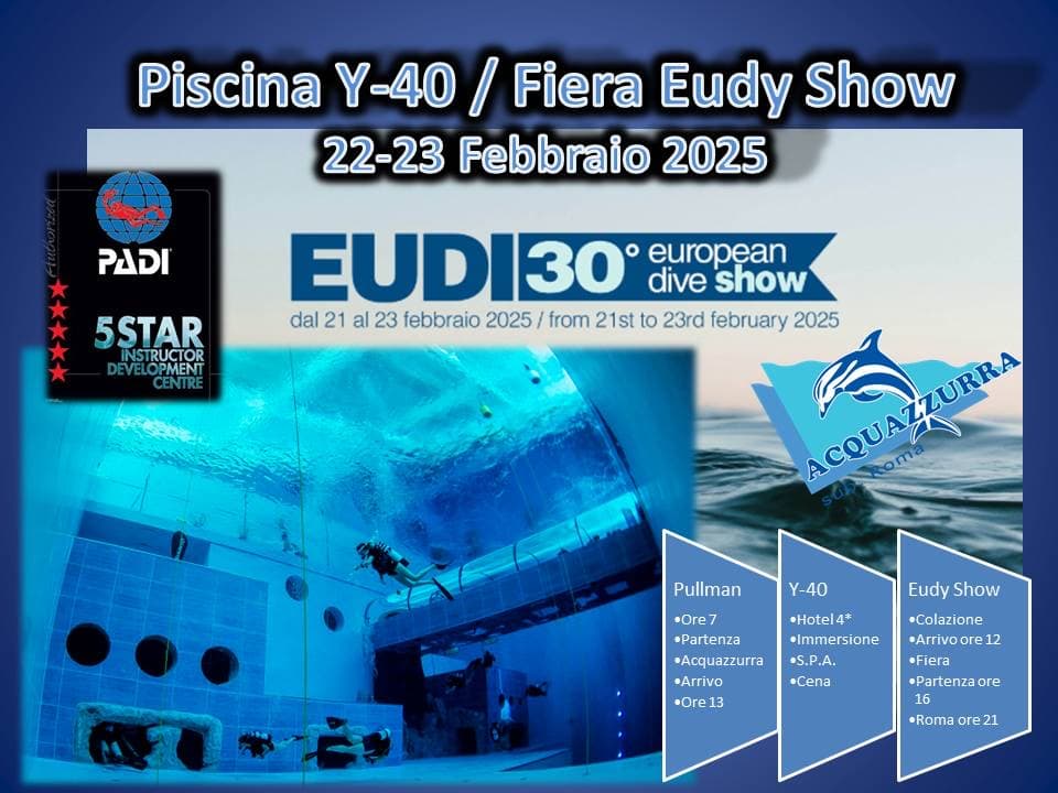Locandina della gita alla piscina Y-40 e all'EUDI Show, 22-23 febbraio 2025, con il programma