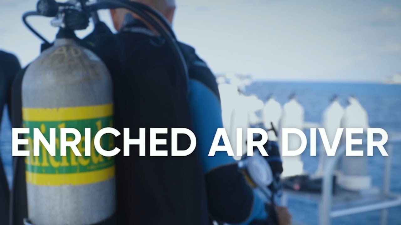 Subacqueo di spalle con la bombola nitrox, con la scritta Enriched Air Diver