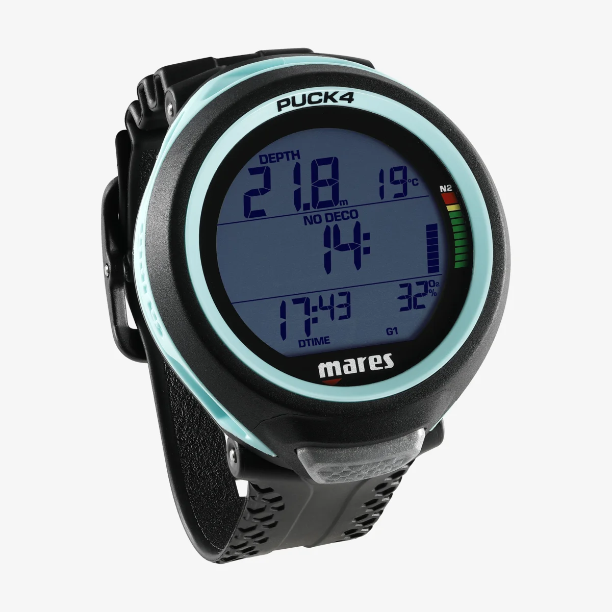 Computer subacqueo Mares Puck 4 nero e acquamarina, vista frontale