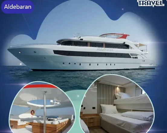 Locandina della crociera sulla barca Aldebaran, con la barca e le cabine