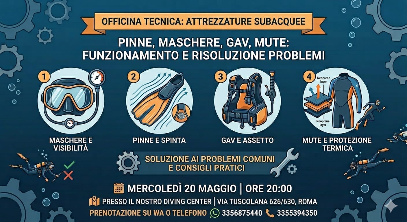 Locandina del workshop sulle attrezzature: maschere, pinne, GAV e mute, mercoledì 20 maggio alle 20